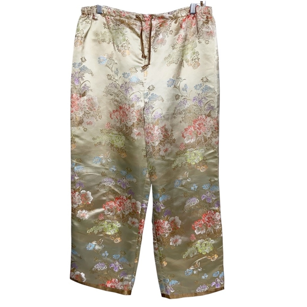 Kenji Pants Womens Large Satin Asian Oriental Insp. Boho Artsy Floral Feminine